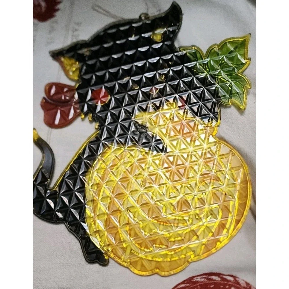 Vintage Plastic Stained Glass Sun Catcher Cat Black Halloween Decoration Spooky